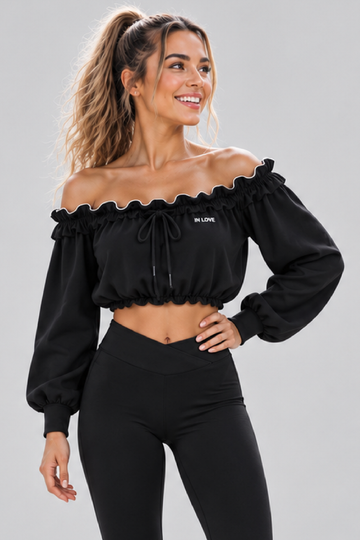 IN LOVE Adjustable Ruffle Off-shoulder Top - Black