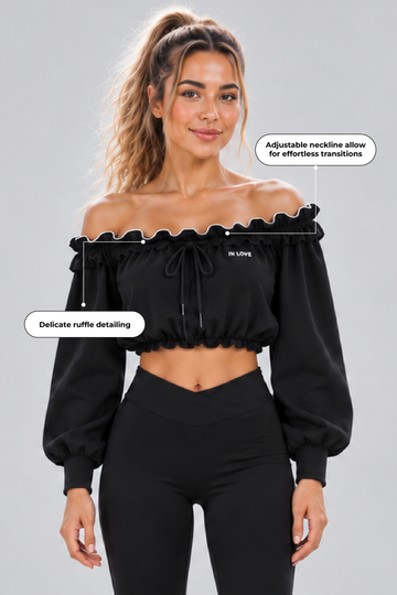 IN LOVE Adjustable Ruffle Off-shoulder Top - Black